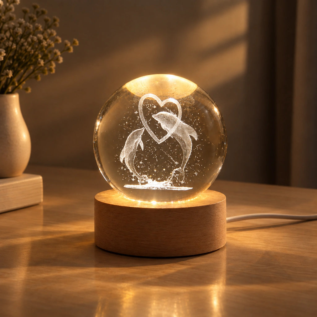 3D Crystal Ball Lamp (Dolphin Heart)