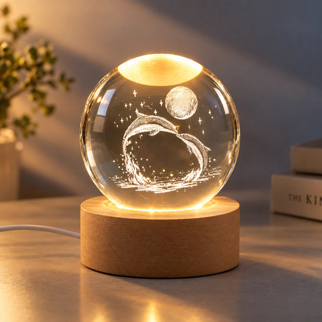 3D Crystal Ball Lamp (Dolphin Moon)